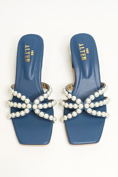 Shop The Alter Blue Pearl Strap Embellished Block Heels at Aza Fashions Shop_The Alter_Blue Pearl Strap Embellished Block Heels _at_Aza_Fashions
