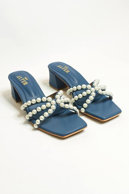 The Alter Blue Pearl Strap Embellished Block Heels Online at Aza Fashions The Alter_Blue Pearl Strap Embellished Block Heels _Online_at_Aza_Fashions
