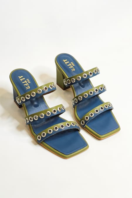 THE ALTER Blue Rivet Strap Embellished Block Heels 