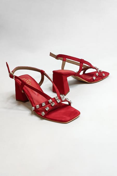 Shop The Alter Red Marina Strap Embellished Block Heels at Aza Fashions Shop_The Alter_Red Marina Strap Embellished Block Heels _at_Aza_Fashions