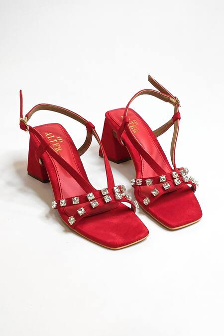 The Alter Red Marina Strap Embellished Block Heels at Aza Fashions The Alter_Red Marina Strap Embellished Block Heels _at_Aza_Fashions