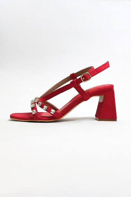 Buy The Alter Red Marina Strap Embellished Block Heels Buy_The Alter_Red Marina Strap Embellished Block Heels