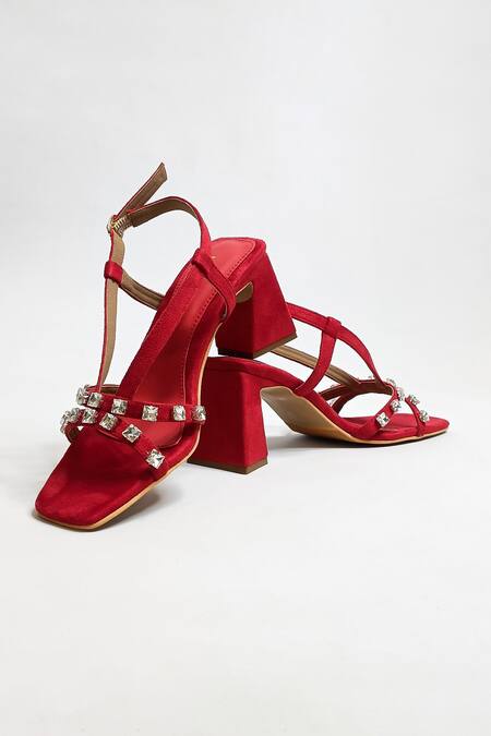 Shop The Alter Red Marina Strap Embellished Block Heels Shop_The Alter_Red Marina Strap Embellished Block Heels