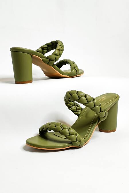 Buy The Alter Green Braided Two Strap Cylindrical Block Heels Buy_The Alter_Green Braided Two Strap Cylindrical Block Heels