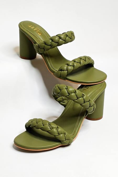 Shop The Alter Green Braided Two Strap Cylindrical Block Heels Shop_The Alter_Green Braided Two Strap Cylindrical Block Heels