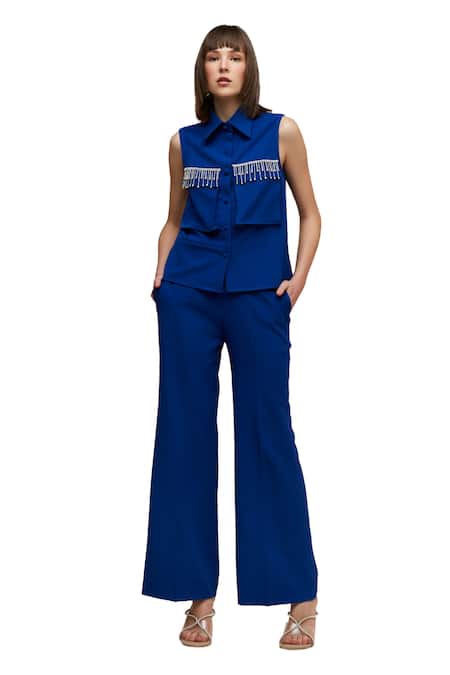 Buy_House Of Zeniaa_Blue Crepe Stones Collared No Ordinary Day Shirt_Online_at_Aza_Fashions