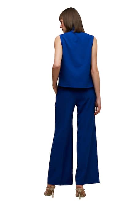 Shop_House Of Zeniaa_Blue Crepe Stones Collared No Ordinary Day Shirt_Online_at_Aza_Fashions