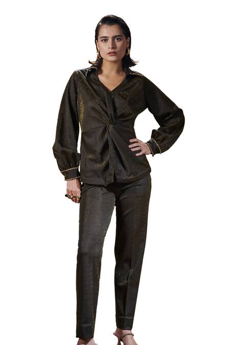 House Of Zeniaa_Brown Kota Doria Lace Collared Turn And Twist Shimmer Shirt With Pant_at_Aza_Fashions