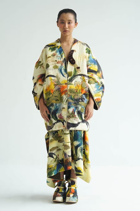 Til Multi Color Cotton Embroidery V-neck Dreamscape Puffer Jacket Dress