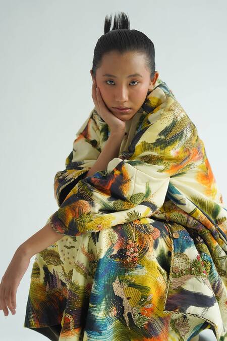 Til Multi Color Cotton Embroidery V-neck Dreamscape Puffer Jacket Dress Online at Aza Fashions Til_Multi Color Cotton Embroidery V-neck Dreamscape Puffer Jacket Dress _Online_at_Aza_Fashions