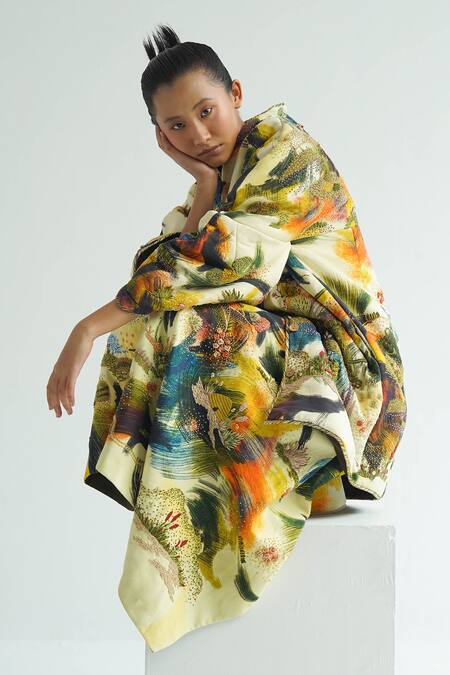 Shop Til Multi Color Cotton Embroidery V-neck Dreamscape Puffer Jacket Dress Online at Aza Fashions Shop_Til_Multi Color Cotton Embroidery V-neck Dreamscape Puffer Jacket Dress _Online_at_Aza_Fashions