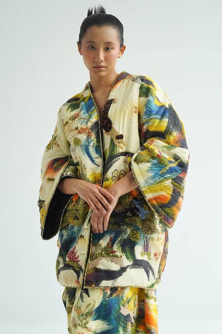 Til Multi Color Cotton Embroidery V-neck Dreamscape Puffer Jacket Dress at Aza Fashions Til_Multi Color Cotton Embroidery V-neck Dreamscape Puffer Jacket Dress _at_Aza_Fashions