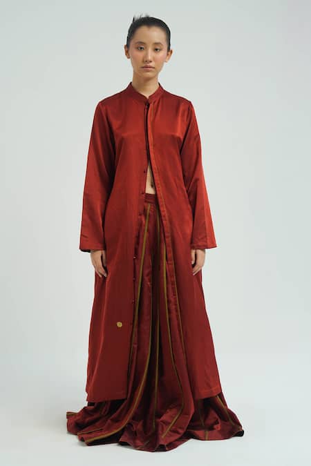 Shop Til Red Silk Mandarin Collar Sakura Kurta With Pleated Trousers at Aza Fashions Shop_Til_Red Silk Mandarin Collar Sakura Kurta With Pleated Trousers _at_Aza_Fashions