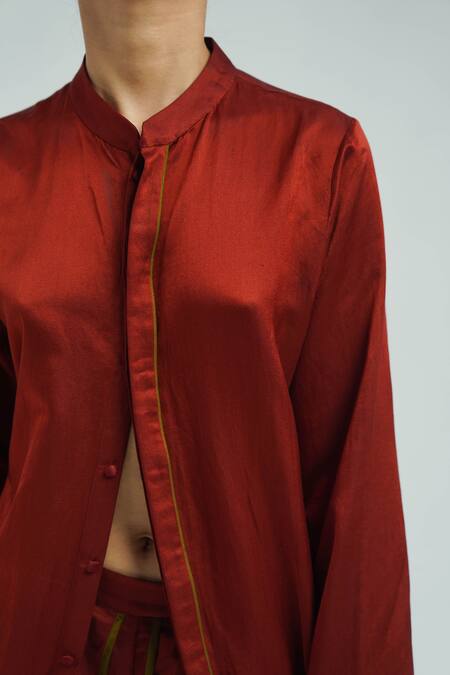 Til Red Silk Mandarin Collar Sakura Kurta With Pleated Trousers Online at Aza Fashions Til_Red Silk Mandarin Collar Sakura Kurta With Pleated Trousers _Online_at_Aza_Fashions