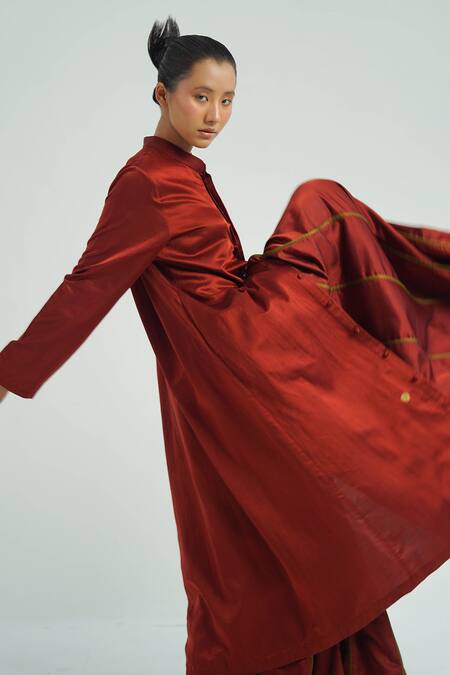 Shop Til Red Silk Mandarin Collar Sakura Kurta With Pleated Trousers Online at Aza Fashions Shop_Til_Red Silk Mandarin Collar Sakura Kurta With Pleated Trousers _Online_at_Aza_Fashions