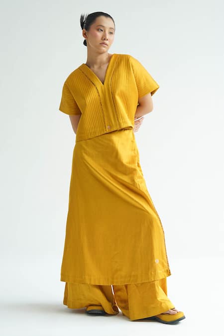 TIL Yellow Silk Embroidered Thread V-neck Karashi Quilted Top With Draped Trouser 