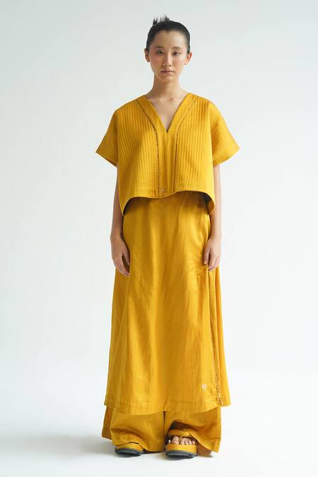Buy Til Yellow Silk V-neck Karashi Quilted Top With Draped Trouser Online at Aza Fashions Buy_Til_Yellow Silk V-neck Karashi Quilted Top With Draped Trouser _Online_at_Aza_Fashions