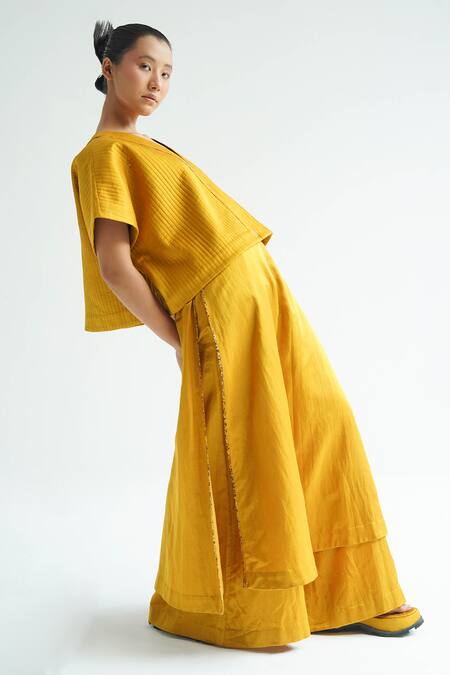 Shop Til Yellow Silk V-neck Karashi Quilted Top With Draped Trouser Online at Aza Fashions Shop_Til_Yellow Silk V-neck Karashi Quilted Top With Draped Trouser _Online_at_Aza_Fashions