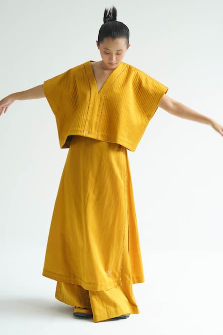 Buy Til Yellow Silk V-neck Karashi Quilted Top With Draped Trouser Buy_Til_Yellow Silk V-neck Karashi Quilted Top With Draped Trouser