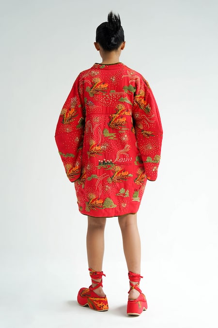 Shop_Til_Red Cotton Embroidery V-neck Firefly Puffer Jacket Dress _at_Aza_Fashions