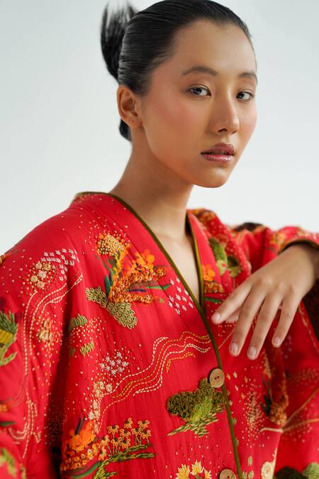 Buy_Til_Red Cotton Embroidery V-neck Firefly Puffer Jacket Dress _Online_at_Aza_Fashions