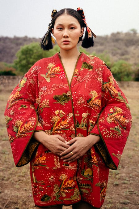 Shop_Til_Red Cotton Embroidery V-neck Firefly Puffer Jacket Dress _Online_at_Aza_Fashions