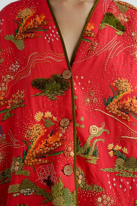 Til_Red Cotton Embroidery V-neck Firefly Puffer Jacket Dress _at_Aza_Fashions