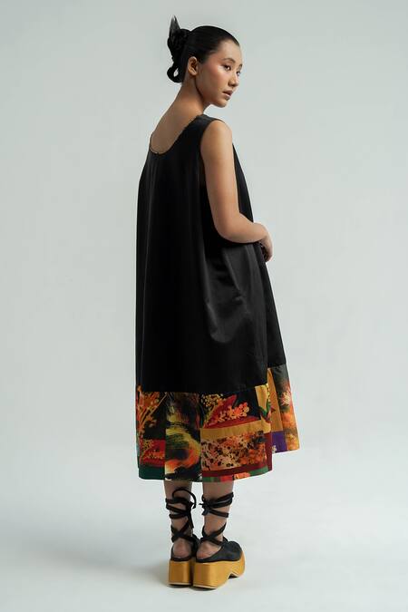 Shop_Til_Black Silk, Cotton Round Neck Panchi Print Slip Dress _at_Aza_Fashions