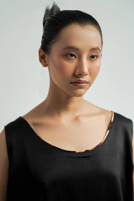 Til_Black Silk, Cotton Round Neck Panchi Print Slip Dress _Online_at_Aza_Fashions