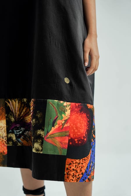 Buy_Til_Black Silk, Cotton Round Neck Panchi Print Slip Dress _Online_at_Aza_Fashions