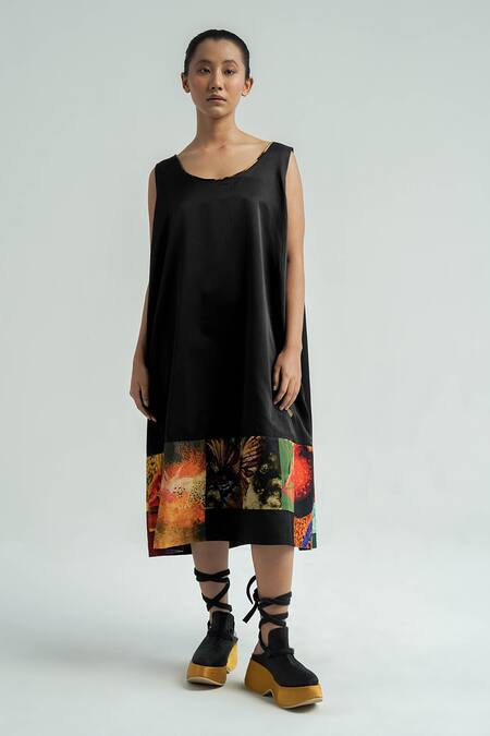 Shop_Til_Black Silk, Cotton Round Neck Panchi Print Slip Dress _Online_at_Aza_Fashions