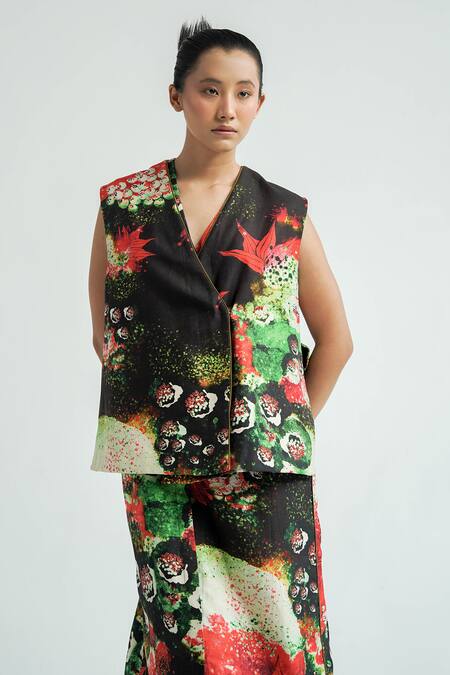 TIL_Red Chanderi Printed Abstract Floral V-neck Florid Gilet _Online_at_Aza_Fashions