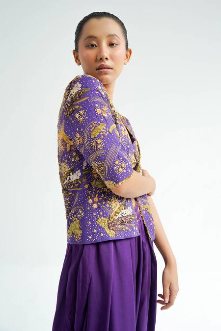 Til_Purple Cotton Embroidery, Sequins Open Neck Amethyst Jacket _Online_at_Aza_Fashions