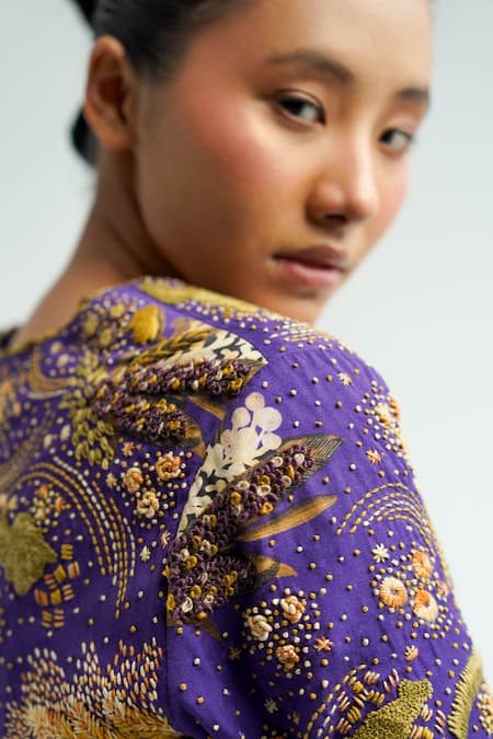 Buy_Til_Purple Cotton Embroidery, Sequins Open Neck Amethyst Jacket _Online_at_Aza_Fashions