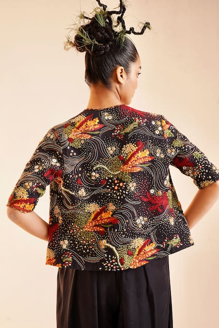 Shop Til Black Cotton Sequins, Embroidery Open Neck Nero Jacket at Aza Fashions Shop_Til_Black Cotton Sequins, Embroidery Open Neck Nero Jacket _at_Aza_Fashions