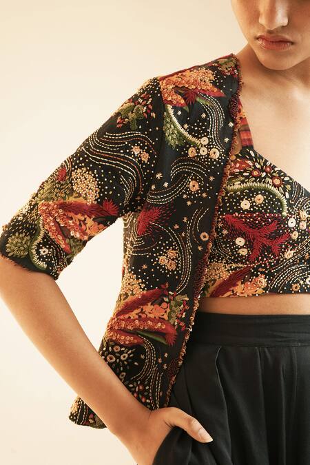 Shop Til Black Cotton Sequins, Embroidery Open Neck Nero Jacket Online at Aza Fashions Shop_Til_Black Cotton Sequins, Embroidery Open Neck Nero Jacket _Online_at_Aza_Fashions