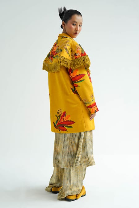 Shop_Til_Yellow Silk, Cotton Tassels Collared Muban Embroidered Jacket _at_Aza_Fashions