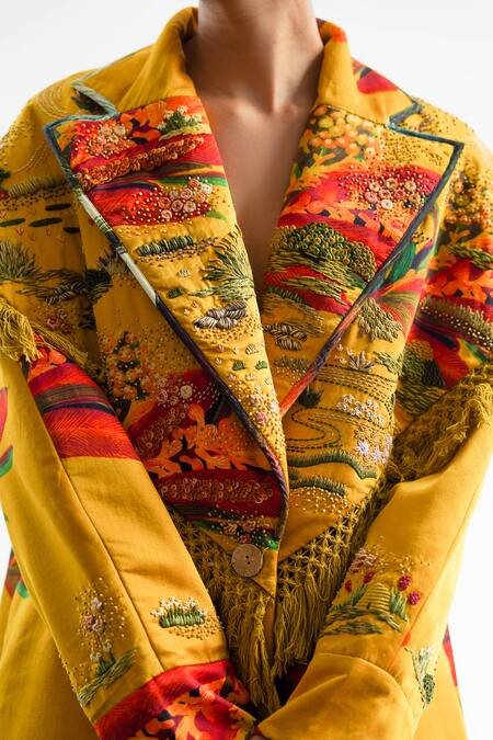 Til_Yellow Silk, Cotton Tassels Collared Muban Embroidered Jacket _Online_at_Aza_Fashions