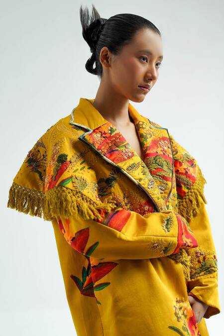 Buy_Til_Yellow Silk, Cotton Tassels Collared Muban Embroidered Jacket _Online_at_Aza_Fashions