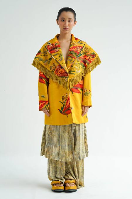 Shop_Til_Yellow Silk, Cotton Tassels Collared Muban Embroidered Jacket _Online_at_Aza_Fashions