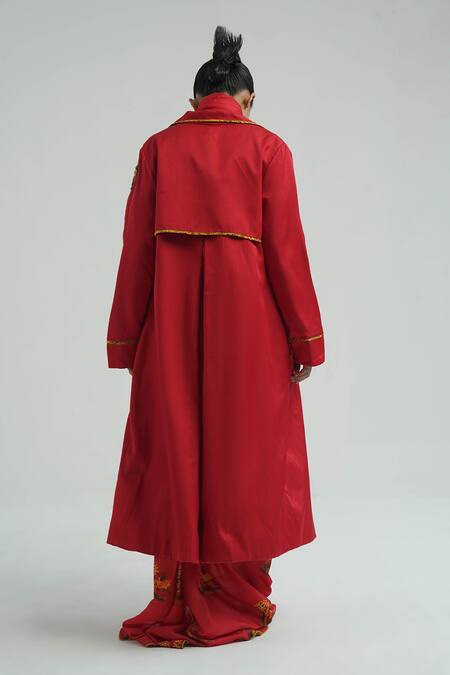 Shop_Til_Red Chanderi, Cotton Embroidery Collared Imasto Thread Trench _at_Aza_Fashions
