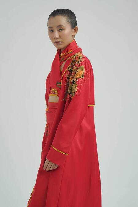 Til_Red Chanderi, Cotton Embroidery Collared Imasto Thread Trench _Online_at_Aza_Fashions