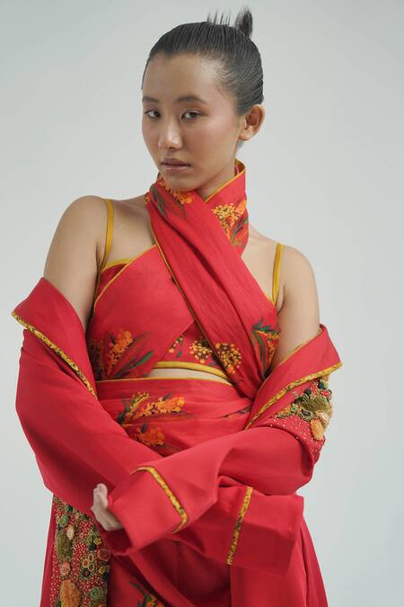 Shop_Til_Red Chanderi, Cotton Embroidery Collared Imasto Thread Trench _Online_at_Aza_Fashions