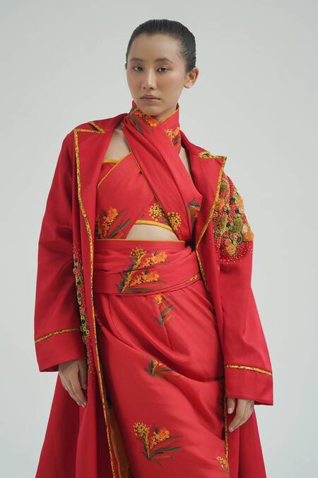 Til_Red Chanderi, Cotton Embroidery Collared Imasto Thread Trench _at_Aza_Fashions