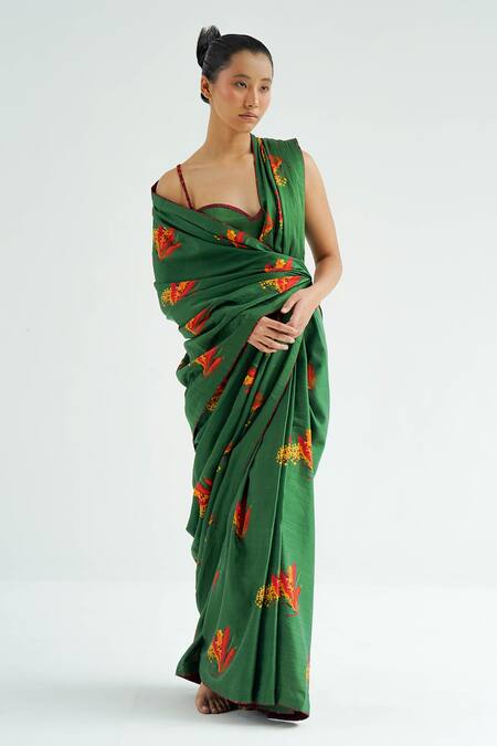 Til Green Silk, Cotton Embroidery Firefly Abstract Print Pre-draped Saree Set Online at Aza Fashions Til_Green Silk, Cotton Embroidery Firefly Abstract Print Pre-draped Saree Set _Online_at_Aza_Fashions