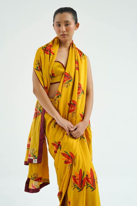 Shop Til Yellow Silk, Cotton Embroidery Abstract Firefly Print Pre-draped Saree Set at Aza Fashions Shop_Til_Yellow Silk, Cotton Embroidery Abstract Firefly Print Pre-draped Saree Set_at_Aza_Fashions