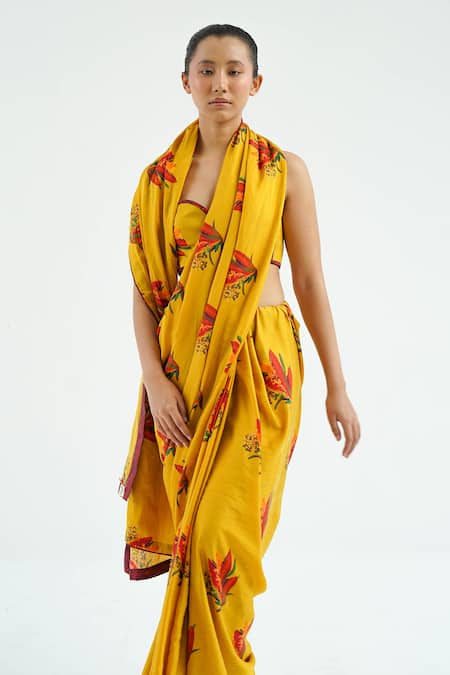 Til Yellow Silk, Cotton Embroidery Abstract Firefly Print Pre-draped Saree Set Online at Aza Fashions Til_Yellow Silk, Cotton Embroidery Abstract Firefly Print Pre-draped Saree Set_Online_at_Aza_Fashions