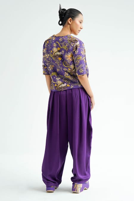 Shop_Til_Purple Cotton Amethyst Pleated Trousers _at_Aza_Fashions