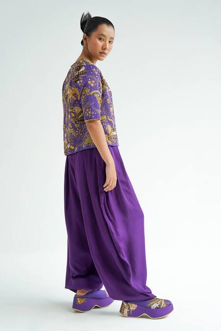 Buy_Til_Purple Cotton Amethyst Pleated Trousers _Online_at_Aza_Fashions