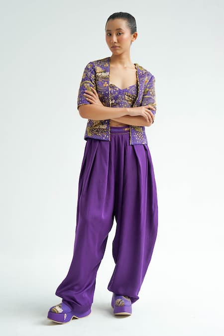 Shop_Til_Purple Cotton Amethyst Pleated Trousers _Online_at_Aza_Fashions